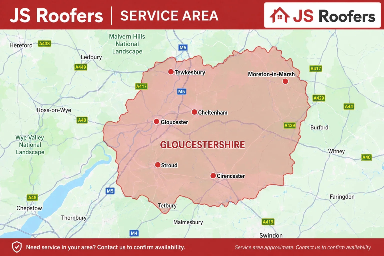 Map of the JS Roofers service area covering Gloucestershire, including Gloucester, Cheltenham, Stroud, Cirencester, Tewkesbury and Moreton-in-Marsh